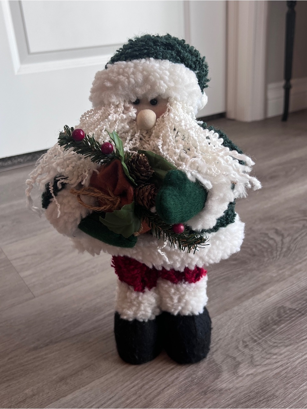Vintage Plush Santa Claus 13" Figurine Curly Yarn Beard Folk Art Farmhouse Decor